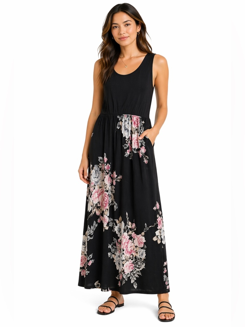 Sleeveless Black Maxi Dress with Pink and White Floral Print